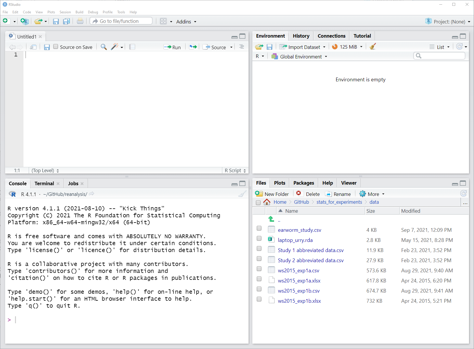 Screenshot of `RStudio` window with empty `R` script and default layout. The script is shown top left, the `R` console bottom left, the Environment pane in the top right, and the Files and Plot viewer in the bottom right.