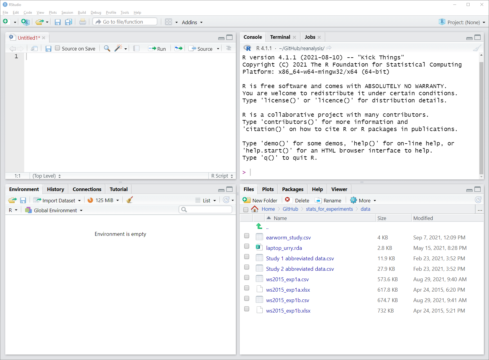 Screenshot of `RStudio` window with empty `R` script and alternative layout. In this image, console and environment pane have switched their position which allows both `R` script and console to occupy a larger space.